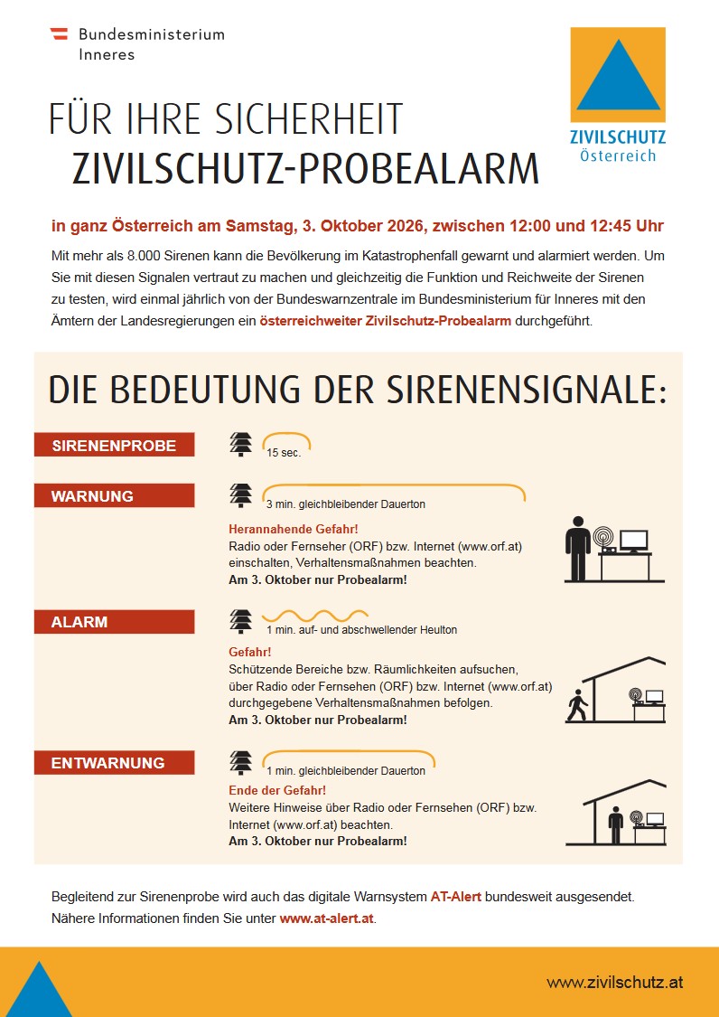 Zivilschutz-Probealarm mittels AT-Alert und Sirene